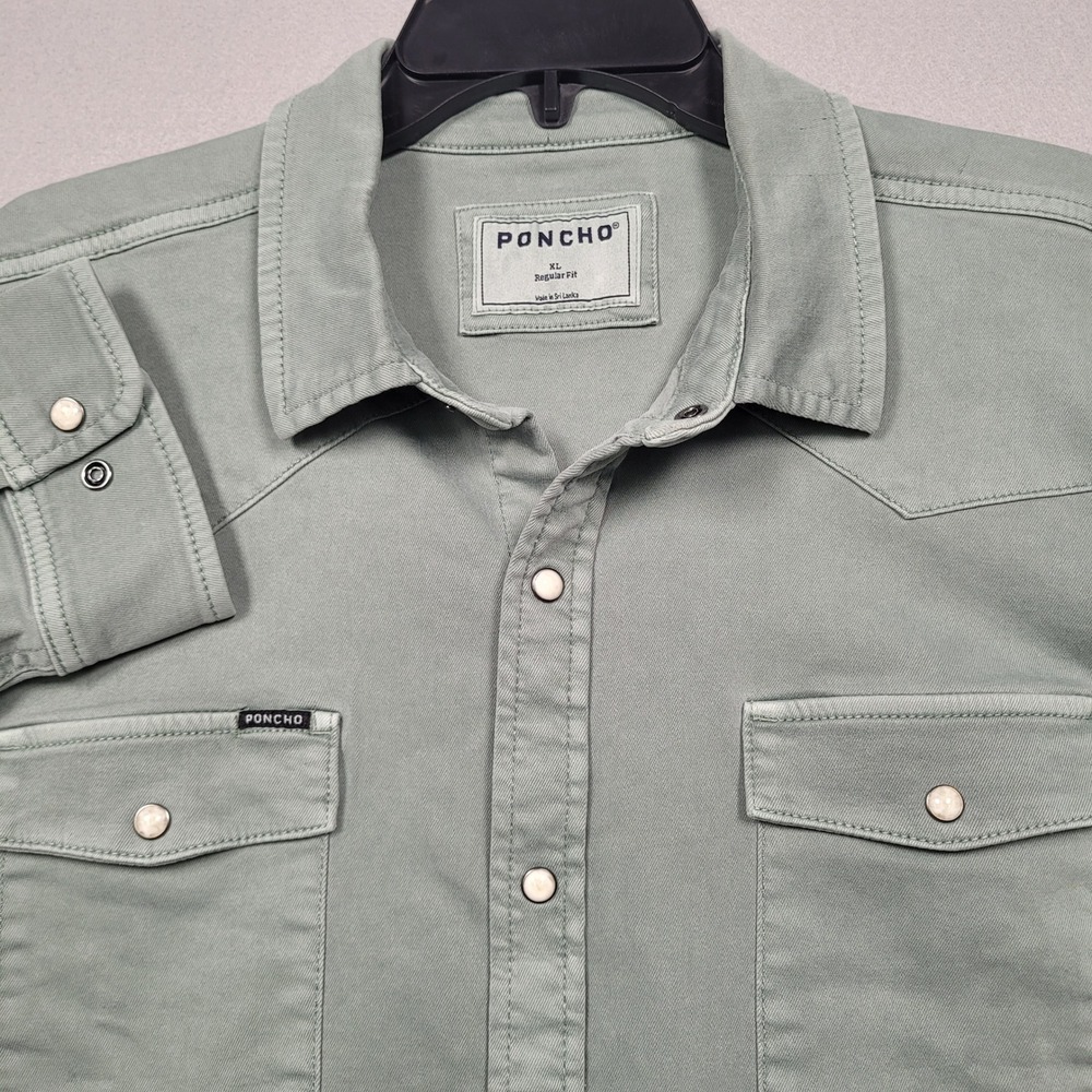 Poncho Mens XL Regular Fit Long Sleeve Snap Button Sage Denim Western Shirt